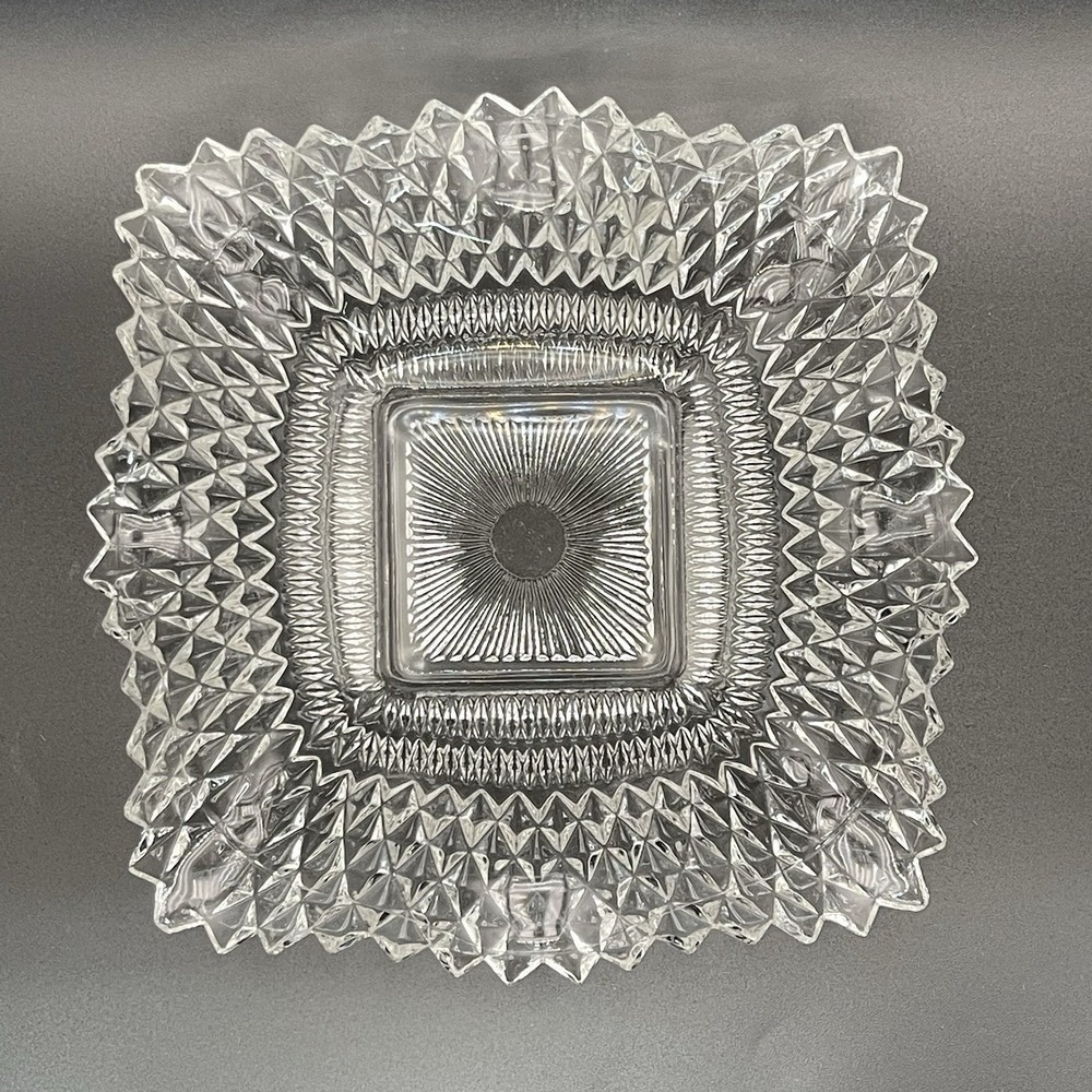 Diamond Point Square Glass‎ Bowl Clear Sunburst Center 7 Inch